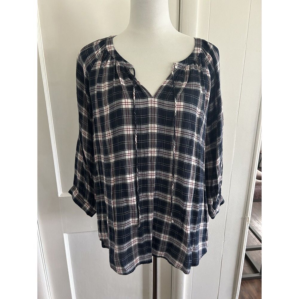 Ann Taylor LOFT Plaid Henley Peasant 3/4 Length Sleeve Blouse Size Small - Picture 3 of 7